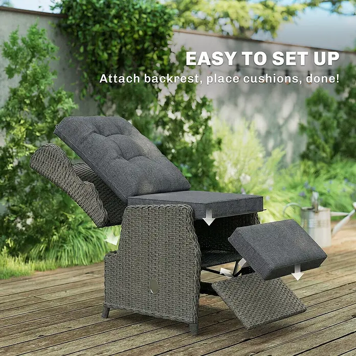 Outsunny Garten-Loungesessel - PE-Rattan, Metall, Kationischer Stoff, Schaumstoff, PP-Baumwolle, Rückenlehne verstellbar, Dunkelgrau, B x T x H: 58 x 55 x 98,5 cm - Grauer Sessel im Rattan-Stil mit dicken Kissen, Montage im Garten dargestellt. Text: "Einfacher Aufbau".