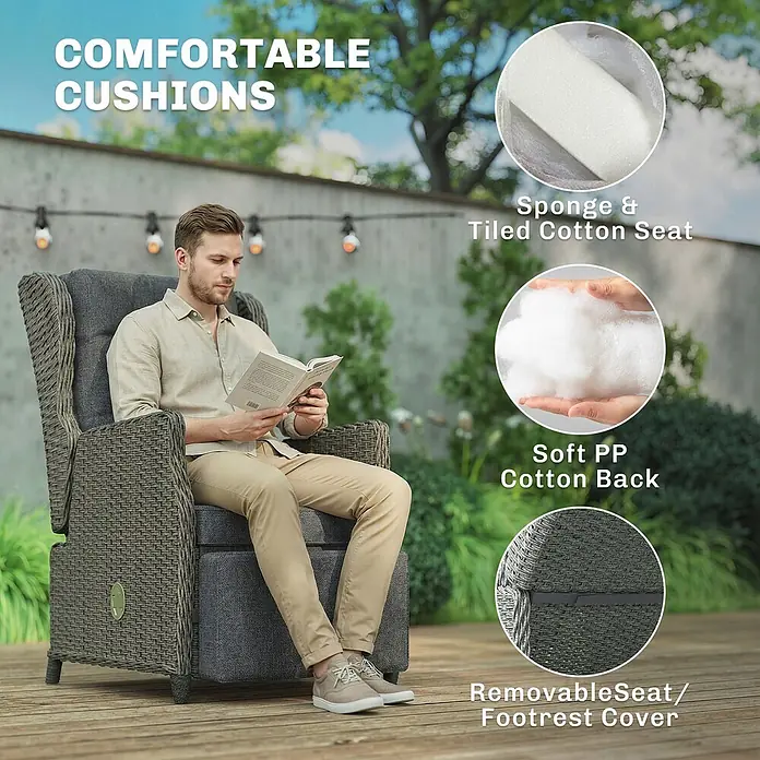 Outsunny Garten-Loungesessel - PE-Rattan, Metall, Kationischer Stoff, Schaumstoff, PP-Baumwolle, Rückenlehne verstellbar, Dunkelgrau, B x T x H: 58 x 55 x 98,5 cm - Grauer Outdoor-Sessel aus Polyrattan mit grauen Kissen; ein Mann liest bequem. Zeigt Kissenmaterialien und abnehmbare Bezüge.