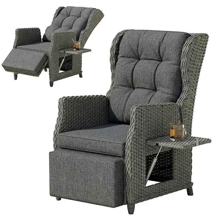 Outsunny Garten-Loungesessel - PE-Rattan, Metall, Kationischer Stoff, Schaumstoff, PP-Baumwolle, Rückenlehne verstellbar, Dunkelgrau, B x T x H: 58 x 55 x 98,5 cm - Dunkelgrauer Rattan-Liegestuhl mit passenden Kissen, ausziehbarer Fußstütze und ausziehbarem Beistelltisch mit Getränk.