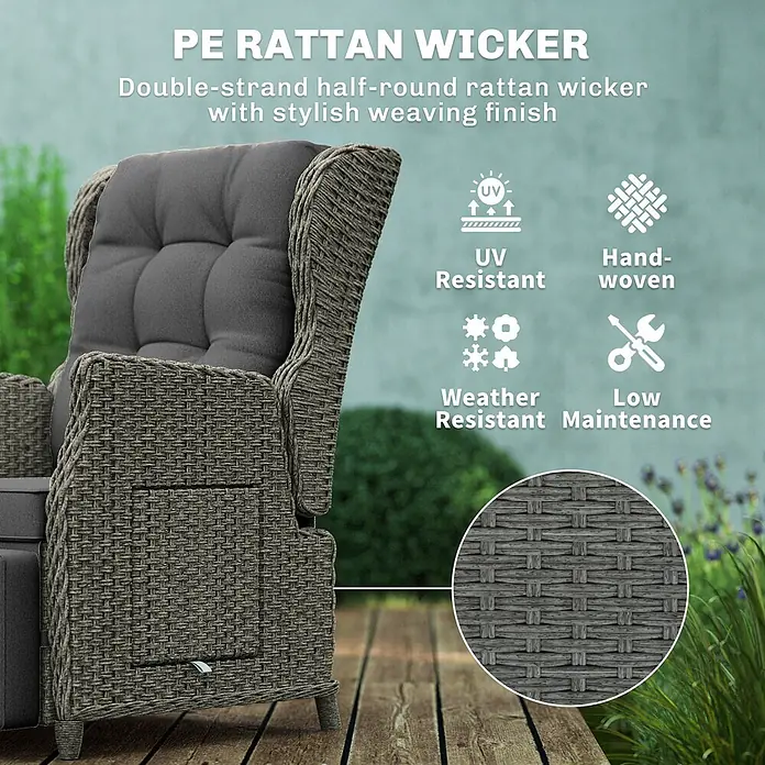 Outsunny Garten-Loungesessel - PE-Rattan, Metall, Kationischer Stoff, Schaumstoff, PP-Baumwolle, Rückenlehne verstellbar, Dunkelgrau, B x T x H: 58 x 55 x 98,5 cm - Nahaufnahme eines grauen PE Rattan-Geflechtstuhls mit weichem Kissen, zeigt die handgewebte Textur und wetterfeste Eigenschaften.