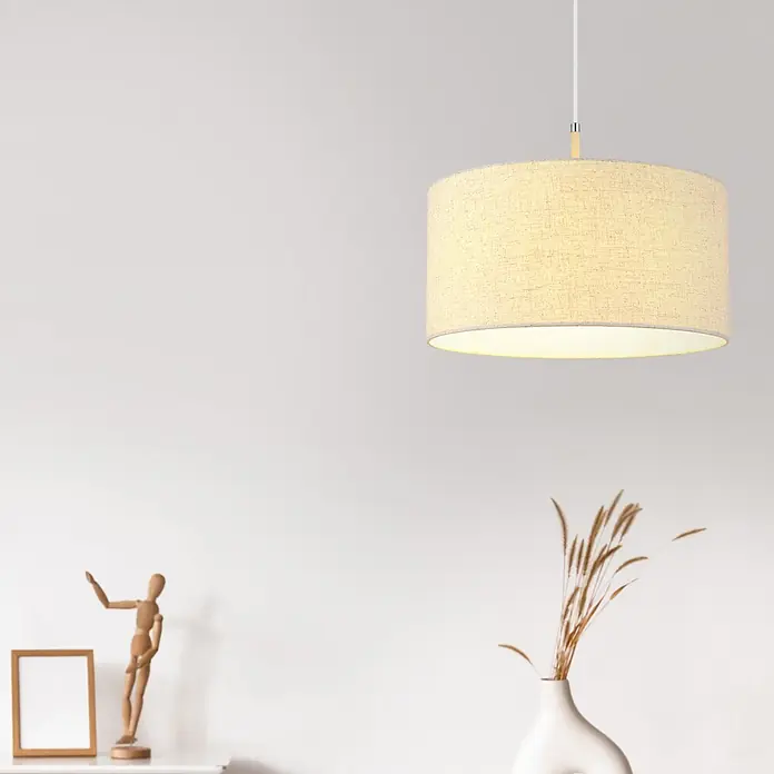 Globo Pendelleuchte rund Deleon - 60 W, Ø x H: 40 x 120 cm, Sandfarben, E27 - Zylindrische beigefarbene Hängelampe aus Leinen, spendet warmes Umgebungslicht.