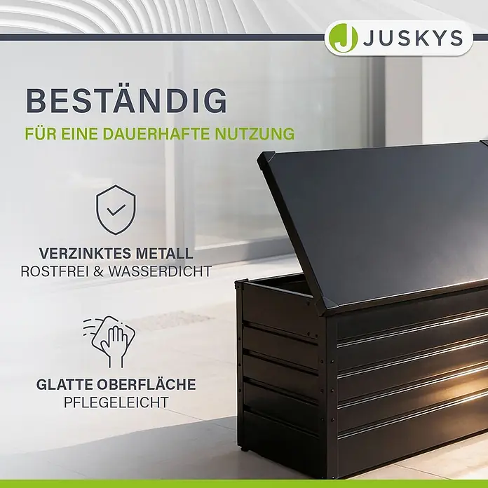 Juskys Garten-Aufbewahrungsbox Limani - L x B x H: 53 x 120 x 63 cm, grau, Metall - Dunkelgraue Metall-Aufbewahrungsbox, teilweise offen. Verzinkt, rostfrei, wasserdicht und pflegeleicht.