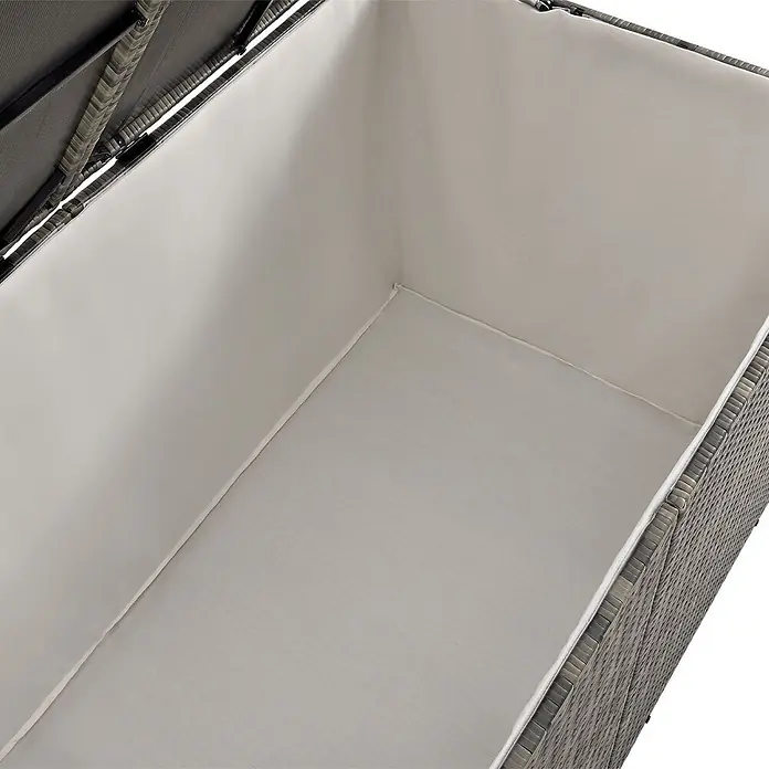 Juskys Garten-Aufbewahrungsbox Ikaria - grau, Kunststoff - Offene graue Rattan-Aufbewahrungsbox mit hellgrauem Innenfutter.