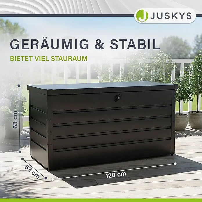 Juskys Garten-Aufbewahrungsbox Limani - L x B x H: 53 x 120 x 63 cm, grau, Metall - Schwarze Gartenbox auf Holzdeck, geräumig und stabil, 120x53x63 cm groß.