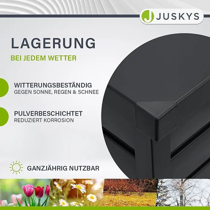 Juskys Garten-Aufbewahrungsbox Limani - L x B x H: 53 x 120 x 63 cm, grau, Metall - Dunkelgraues, pulverbeschichtetes, wetterbeständiges Lagerungselement für ganzjährigen Outdoor-Einsatz.