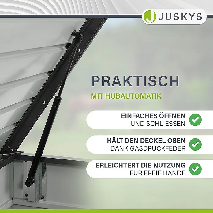 Juskys Garten-Aufbewahrungsbox Limani - L x B x H: 53 x 120 x 63 cm, grau, Metall - Nahaufnahme einer Aufbewahrungsbox mit schwarzer Gasdruckfeder, die einfaches, freihändiges Öffnen und Halten des Deckels ermöglicht.