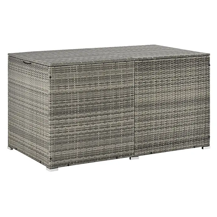Juskys Garten-Aufbewahrungsbox Ikaria - grau, Kunststoff - Graues Rattan-Gartenschrank mit aufklappbarem Deckel und zwei Vordertüren.