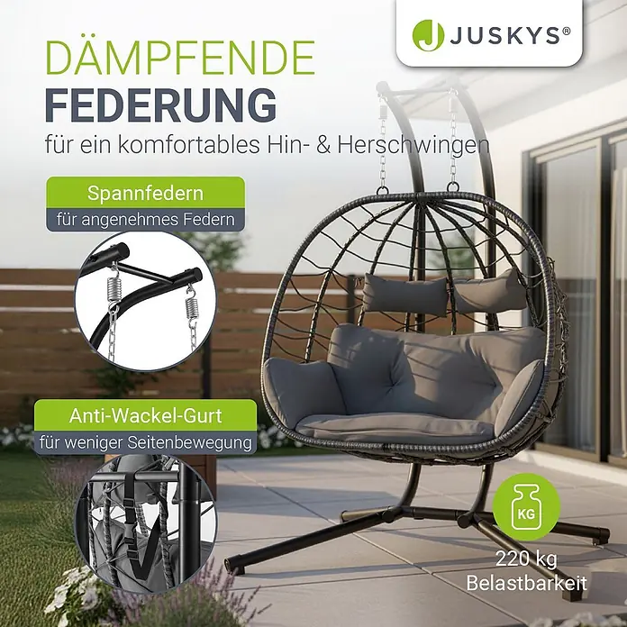 Juskys Hängesessel Aria - L x B x H: 127 x 130 x 197 cm, Kunststoff, grau - Dunkelgrauer Hängesessel mit grauen Kissen, gedämpfter Federung, Spannfedern, Anti-Wackel-Gurt und 220 kg Belastbarkeit.