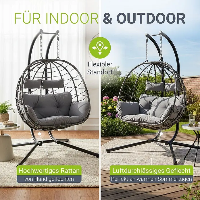 Juskys Hängesessel Aria - L x B x H: 127 x 130 x 197 cm, Kunststoff, grau - Grauer Hängesessel aus Rattan mit Kissen, für drinnen und draußen geeignet.