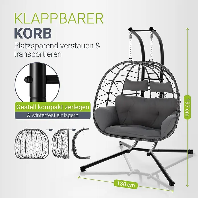 Juskys Hängesessel Aria - L x B x H: 127 x 130 x 197 cm, Kunststoff, grau - Klappbarer Hängesessel mit grauem Korb und Kissen auf schwarzem Gestell. Kompakt zerlegbar für platzsparende Lagerung.