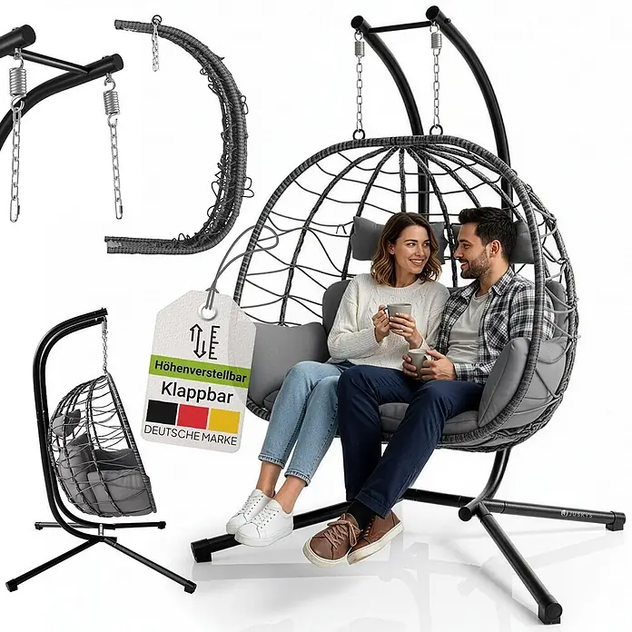 Juskys Hängesessel Aria - L x B x H: 127 x 130 x 197 cm, Kunststoff, grau - Grauer, geflochtener Doppelhängekorb mit schwarzem Metallgestell und Kissen, mit zwei Personen und Details der höhenverstellbaren, klappbaren Ausführung.