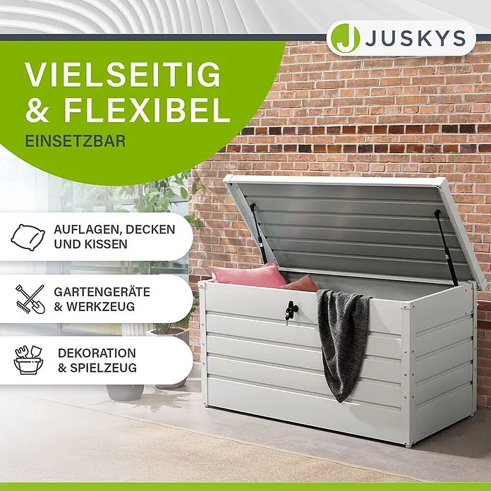 Juskys Garten-Aufbewahrungsbox Limani - L x B x H: 53 x 120 x 63 cm, weiß, Metall - Offene weiße Outdoor-Aufbewahrungsbox auf Terrasse, vielseitig nutzbar für Kissen, Gartengeräte und Spielzeug.