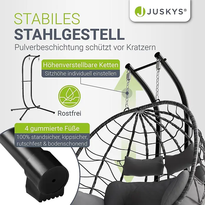 Juskys Hängesessel Aria - L x B x H: 127 x 130 x 197 cm, Kunststoff, grau - Stabiles schwarzes Stahlgestell mit Pulverbeschichtung, höhenverstellbaren Ketten und gummierten, rutschfesten Füßen für Hängesessel.