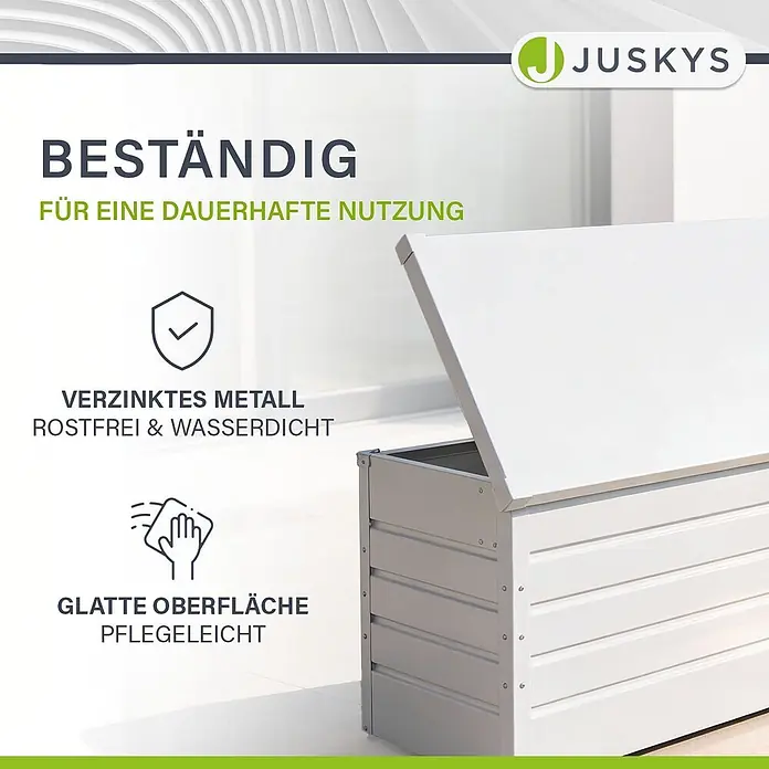 Juskys Garten-Aufbewahrungsbox Limani - L x B x H: 53 x 120 x 63 cm, weiß, Metall - Beständige, verzinkte Metalltruhe mit geöffnetem Deckel.