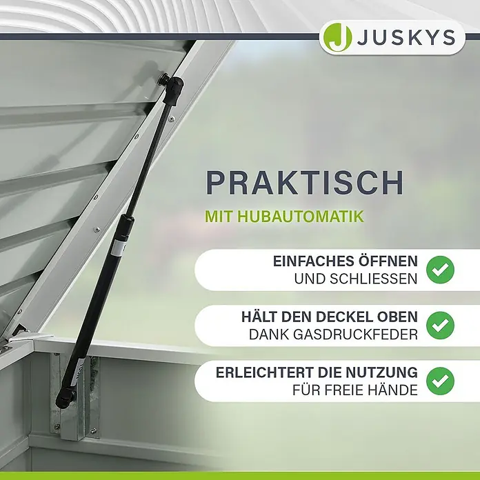 Juskys Garten-Aufbewahrungsbox Limani - L x B x H: 53 x 120 x 63 cm, weiß, Metall - Offener Deckel einer grauen Metall-Aufbewahrungsbox, gehalten von einer schwarzen Gasdruckfeder für müheloses Öffnen und freie Hände.
