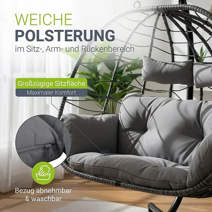 Juskys Hängesessel Aria - L x B x H: 127 x 130 x 197 cm, Kunststoff, grau - Grauer Hängesessel mit weicher Polsterung, abnehmbarem und waschbarem Bezug für höchsten Komfort.