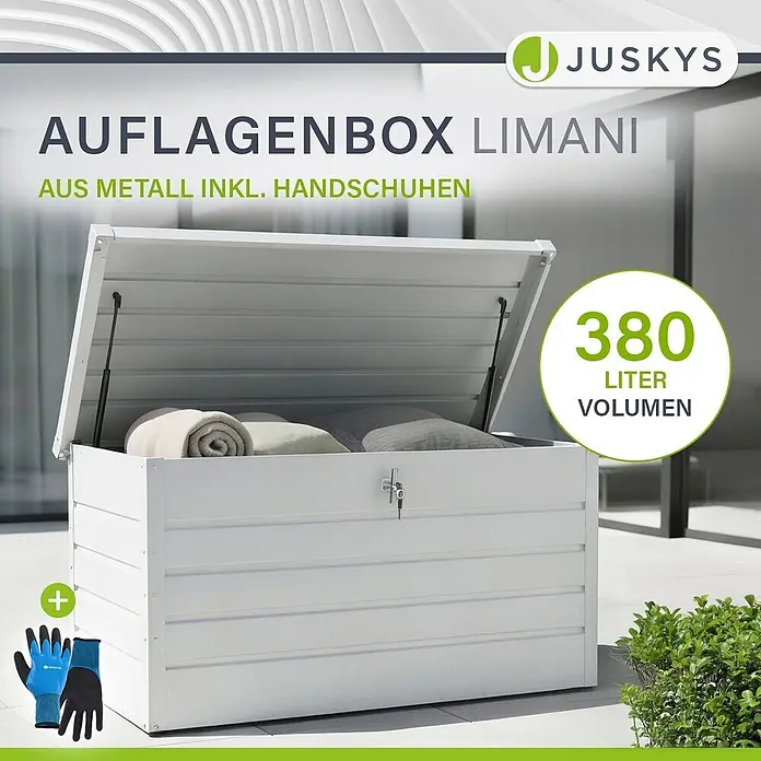 Juskys Garten-Aufbewahrungsbox Limani - L x B x H: 53 x 120 x 63 cm, weiß, Metall - Weiße Auflagenbox aus Metall, Deckel offen mit Decken. 380 Liter Volumen, inkl. Handschuhen.