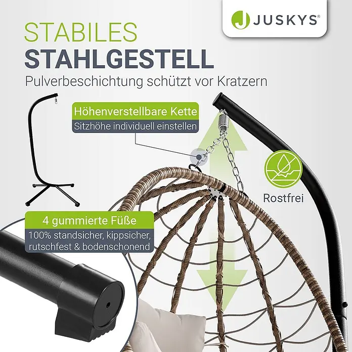 Juskys Hängesessel Aria - L x B x H: 95 x 95 x 196 cm, Beige - Stabiles Stahlgestell für Hängesessel mit verstellbarer Kette und gummierten, rutschfesten Füßen.