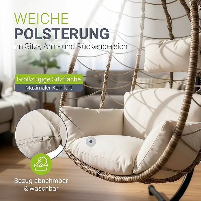 Juskys Hängesessel Aria - L x B x H: 95 x 95 x 196 cm, Beige - Hängesessel mit cremefarbenen Polstern: weich, geräumig, Bezug abnehmbar & waschbar.
