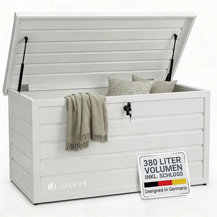 Juskys Garten-Aufbewahrungsbox Limani - L x B x H: 53 x 120 x 63 cm, weiß, Metall - Weiße Latten-Aufbewahrungsbox mit geöffnetem Deckel, Gasdruckfedern, Decken & Kissen, Schloss. 380 Liter Volumen.