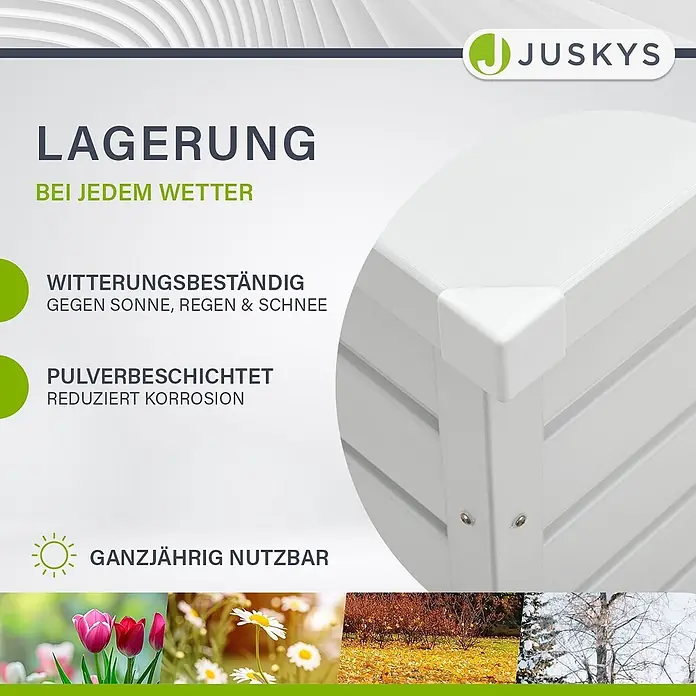 Juskys Garten-Aufbewahrungsbox Limani - L x B x H: 53 x 120 x 63 cm, weiß, Metall - Weißes, pulverbeschichtetes Lagerungsbox, wetterbeständig gegen Sonne, Regen und Schnee, ganzjährig nutzbar.