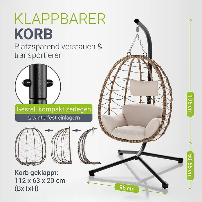 Juskys Hängesessel Aria - L x B x H: 95 x 95 x 196 cm, Beige - Klappbarer Hängesessel mit braunem Korpus, cremefarbenen Kissen und schwarzem Gestell. Maße und Faltfunktion sind abgebildet.