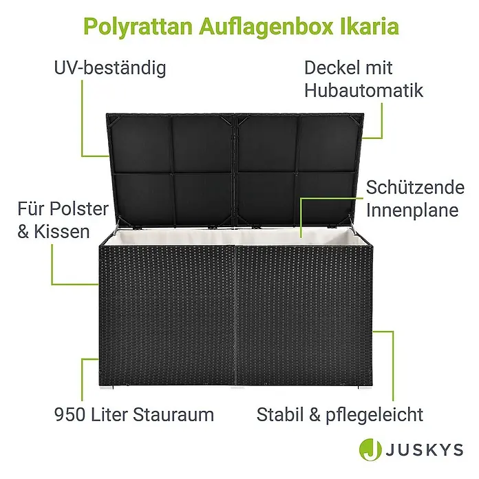 Juskys Garten-Aufbewahrungsbox Ikaria - L x B x H: 83 x 145 x 80 cm, Schwarz, Kunststoff - Schwarze Polyrattan Auflagenbox für Kissen, mit Deckel, Innenplane und 950 Liter Fassungsvermögen.