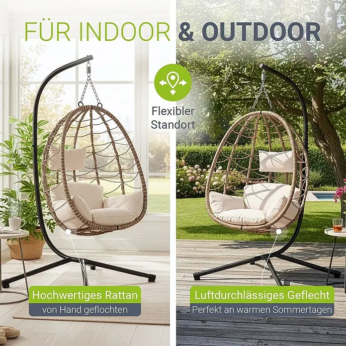 Juskys Hängesessel Aria - L x B x H: 95 x 95 x 196 cm, Beige - Brauner Rattan-Hängesessel mit beigen Kissen auf schwarzem Standfuß, für Innen- und Außenbereiche geeignet.