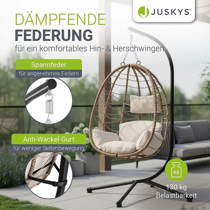 Juskys Hängesessel Aria - L x B x H: 95 x 95 x 196 cm, Beige - Geflochtener beiger Hängesessel mit weißen Kissen auf schwarzem Metallgestell für den Außenbereich. Mit Komfortfeder, Anti-Wackel-Gurt und 130 kg Belastbarkeit.