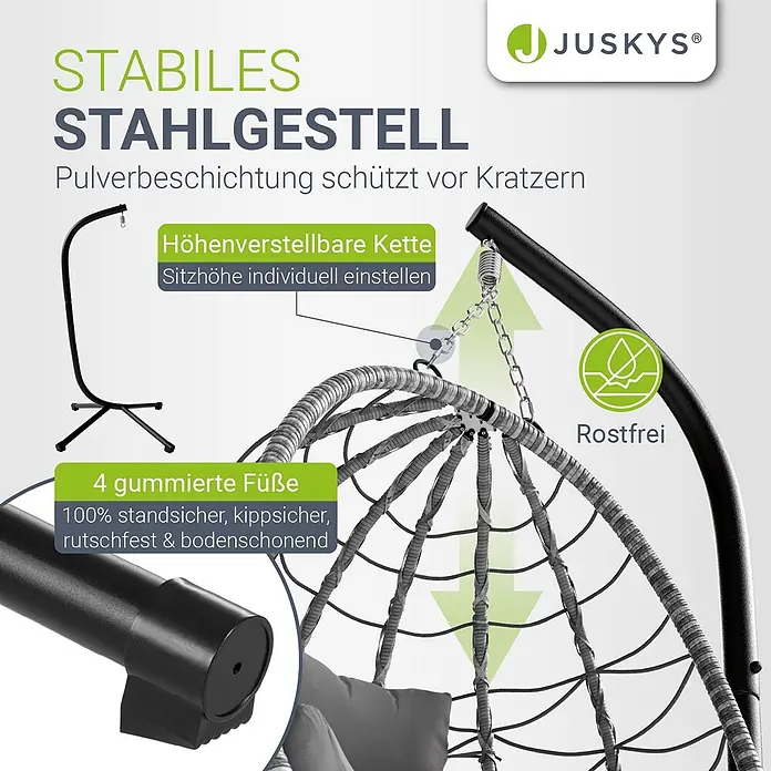 Juskys Hängesessel Aria - L x B x H: 95 x 95 x 196 cm, Kunststoff, Grau - Schwarzes pulverbeschichtetes Stahlgestell für Hängesessel mit verstellbarer Kette und vier rutschfesten Gummifüßen, rostfrei.