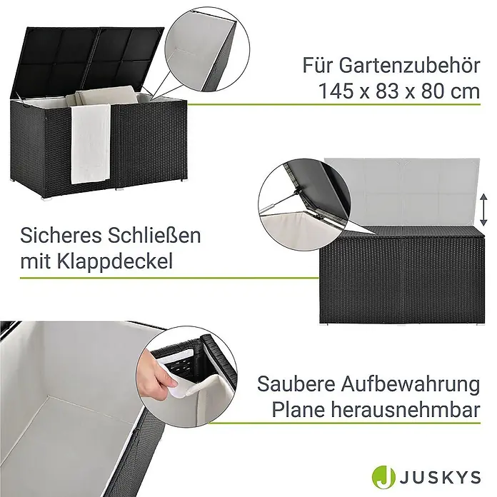 Juskys Garten-Aufbewahrungsbox Ikaria - L x B x H: 83 x 145 x 80 cm, Schwarz, Kunststoff - Schwarze Poly-Rattan-Gartenbox mit Klappdeckel und herausnehmbarer Innenplane für Gartenzubehör.