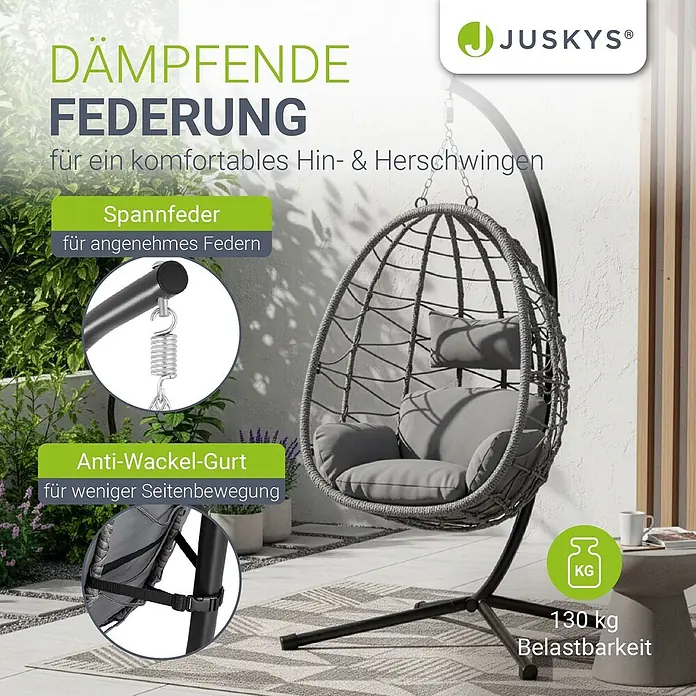 Juskys Hängesessel Aria - L x B x H: 95 x 95 x 196 cm, Kunststoff, Grau - Grauer Hängesessel mit Kissen auf Terrasse. Dämpferfeder, Anti-Wackel-Gurt, 130 kg Belastbarkeit für komfortables Schwingen.