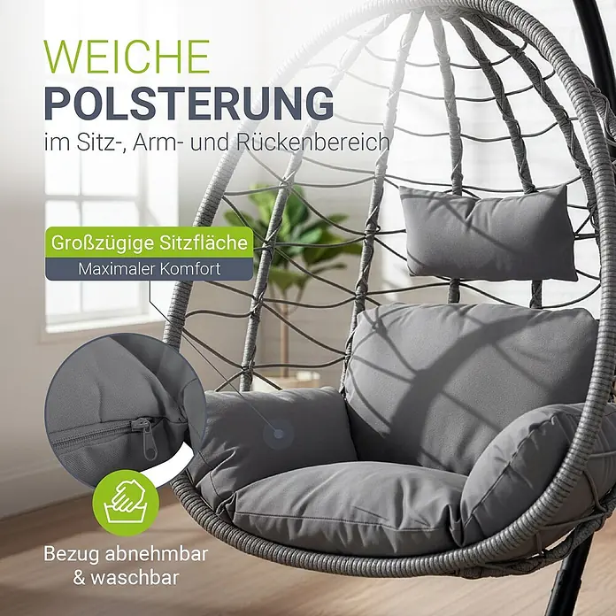 Juskys Hängesessel Aria - L x B x H: 95 x 95 x 196 cm, Kunststoff, Grau - Grauer Hängesessel mit weicher, abnehmbarer und waschbarer Polsterung für Sitz-, Arm- und Rückenbereich. Bietet großzügige Sitzfläche.