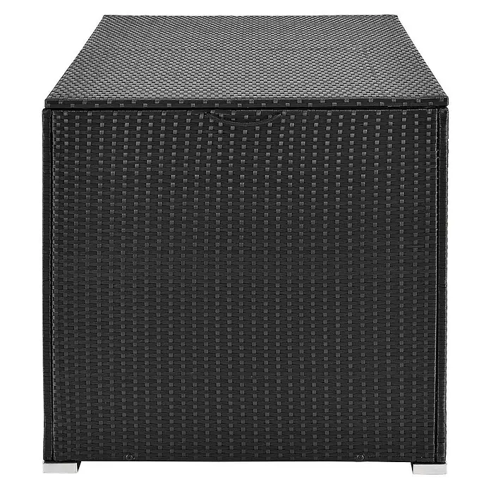 Juskys Garten-Aufbewahrungsbox Ikaria - Schwarz, Kunststoff - Schwarze Polyrattan-Gartenbox mit Deckel und silbernen Füßen.