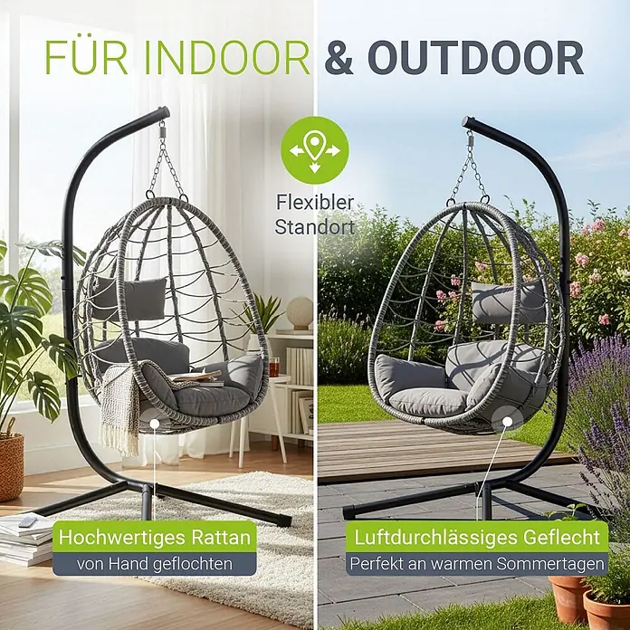Juskys Hängesessel Aria - L x B x H: 95 x 95 x 196 cm, Kunststoff, Grau - Grauer, handgeflochtener Rattan-Hängesessel mit Kissen, drinnen am Fenster und draußen im Garten gezeigt, betont vielseitige Nutzung.