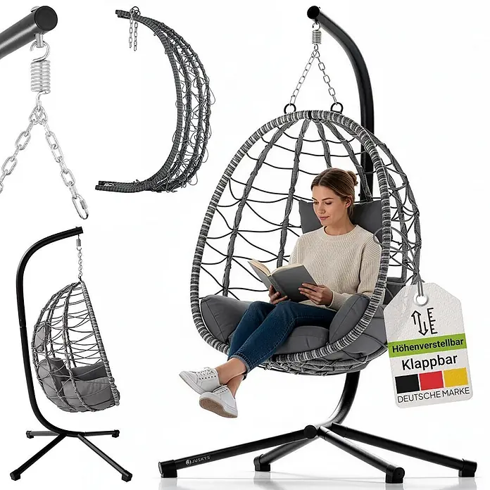 Juskys Hängesessel Aria - L x B x H: 95 x 95 x 196 cm, Kunststoff, Grau - Höhenverstellbarer, klappbarer grauer Hängesessel mit schwarzem Gestell und grauen Kissen. Eine Frau liest darin.