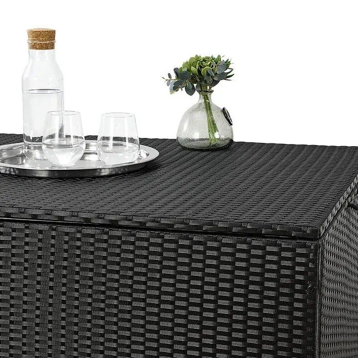 Juskys Garten-Aufbewahrungsbox Ikaria - Schwarz, Kunststoff - Dunkelbraune Rattan-Muster Aufbewahrungsbox, als Tisch nutzbar.