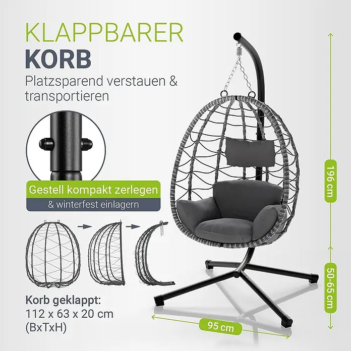 Juskys Hängesessel Aria - L x B x H: 95 x 95 x 196 cm, Kunststoff, Grau - Klappbarer grauer Hängekorbsessel mit dunklem Kissen und zerlegbarem schwarzem Metallgestell zur platzsparenden Lagerung.