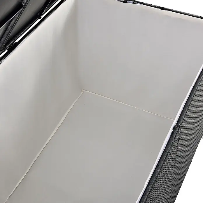 Juskys Garten-Aufbewahrungsbox Ikaria - Schwarz, Kunststoff - Offene schwarze geflochtene Aufbewahrungsbox mit hellgrauem Stofffutter.