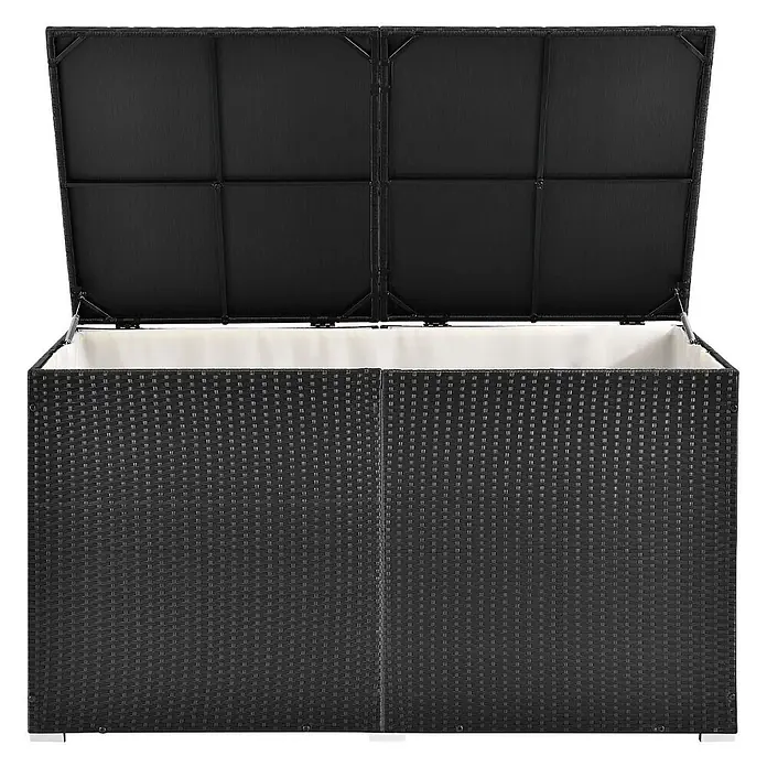 Juskys Garten-Aufbewahrungsbox Ikaria - L x B x H: 83 x 145 x 80 cm, Schwarz, Kunststoff - Schwarze Outdoor-Aufbewahrungsbox in Rattan-Optik, geöffnet mit hellem Innenfutter.