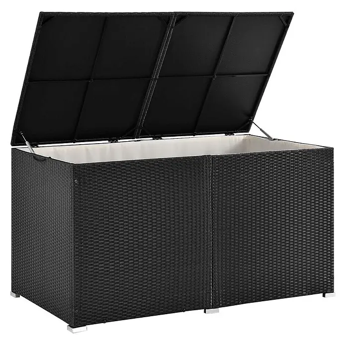 Juskys Garten-Aufbewahrungsbox Ikaria - L x B x H: 83 x 145 x 80 cm, Schwarz, Kunststoff - Schwarze Outdoor-Aufbewahrungsbox im Rattan-Stil mit offenem Deckel, weißem Innenfutter und silbernen Füßen.
