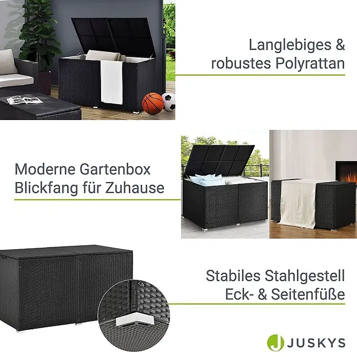 Juskys Garten-Aufbewahrungsbox Ikaria - L x B x H: 83 x 145 x 80 cm, Schwarz, Kunststoff - Schwarze Polyrattan Gartenbox, draußen gezeigt, für Kissen und Handtücher. Mit stabilem Stahlgestell.