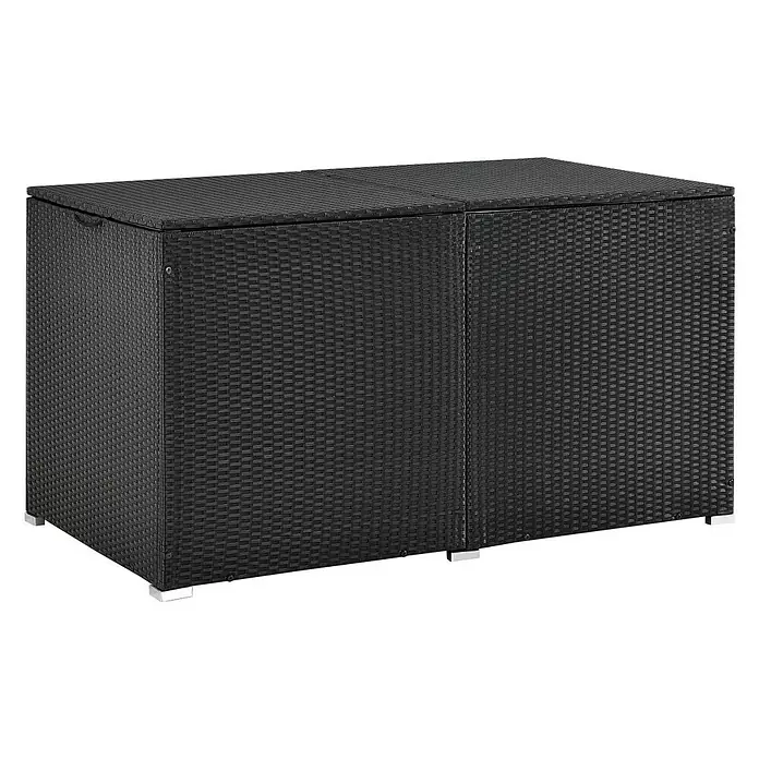 Juskys Garten-Aufbewahrungsbox Ikaria - Schwarz, Kunststoff - Schwarze Polyrattan-Gartenbox mit zwei Fächern, aufklappbaren Deckeln und silbernen Füßen.