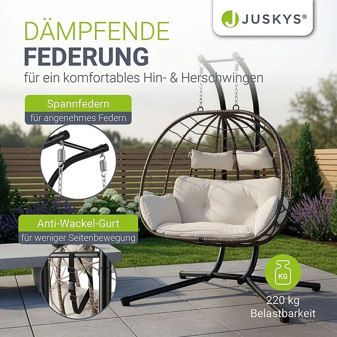 Juskys Hängesessel Aria - L x B x H: 127 x 130 x 197 cm, Kunststoff, natur - Brauner geflochtener Hängesessel mit weißen Kissen und schwarzem Gestell, mit Federn für angenehmes Schwingen und Anti-Wackel-Gurt.