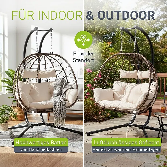 Juskys Hängesessel Aria - L x B x H: 127 x 130 x 197 cm, Kunststoff, natur - Brauner Rattan-Hänge-Eiersessel mit cremefarbenen Kissen, geeignet für Innen- und Außenbereiche.