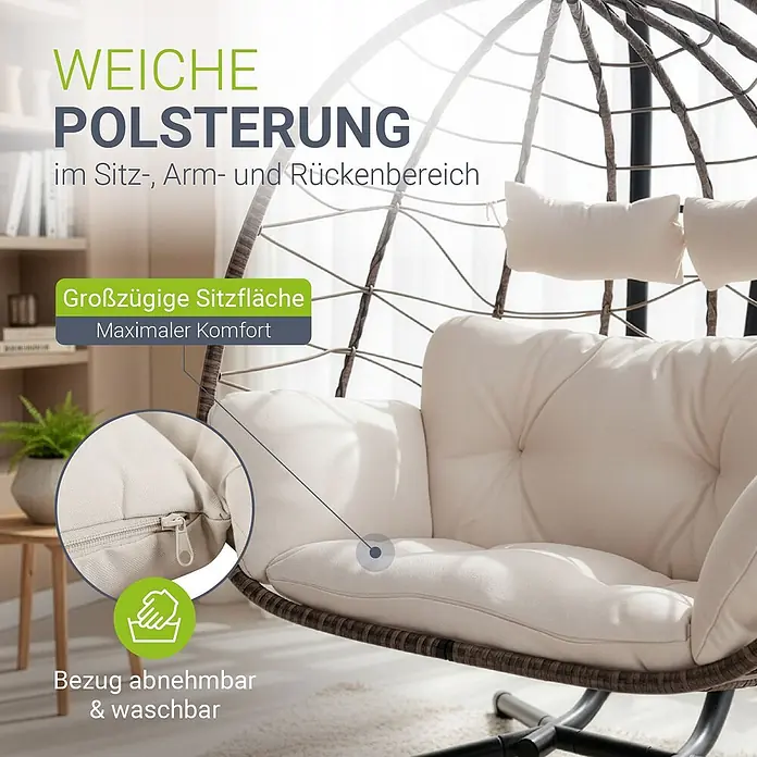 Juskys Hängesessel Aria - L x B x H: 127 x 130 x 197 cm, Kunststoff, natur - Hängesessel mit weichen, cremefarbenen, gesteppten Polstern und abnehmbarem, waschbarem Bezug.