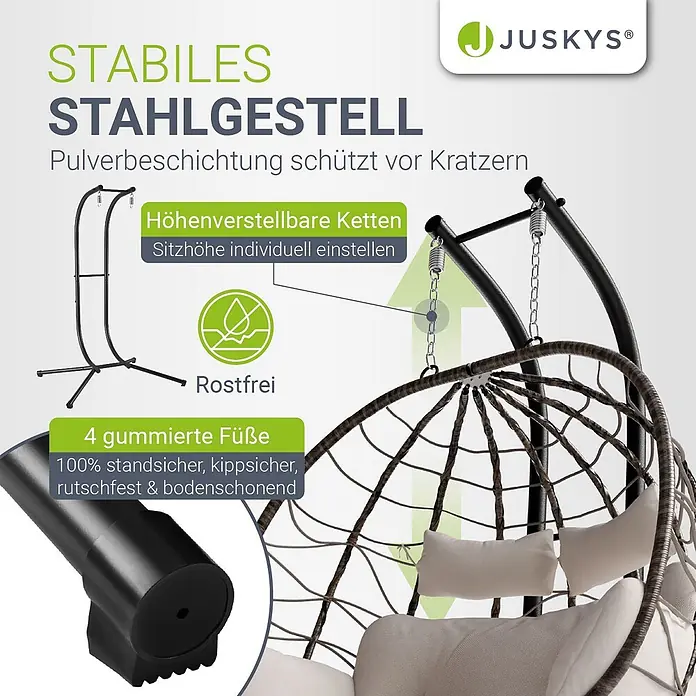 Juskys Hängesessel Aria - L x B x H: 127 x 130 x 197 cm, Kunststoff, natur - Dunkles, stabiles Stahlgestell für Hängesessel mit Pulverbeschichtung, höhenverstellbaren Ketten, rostfrei und rutschfesten Gummifüßen.