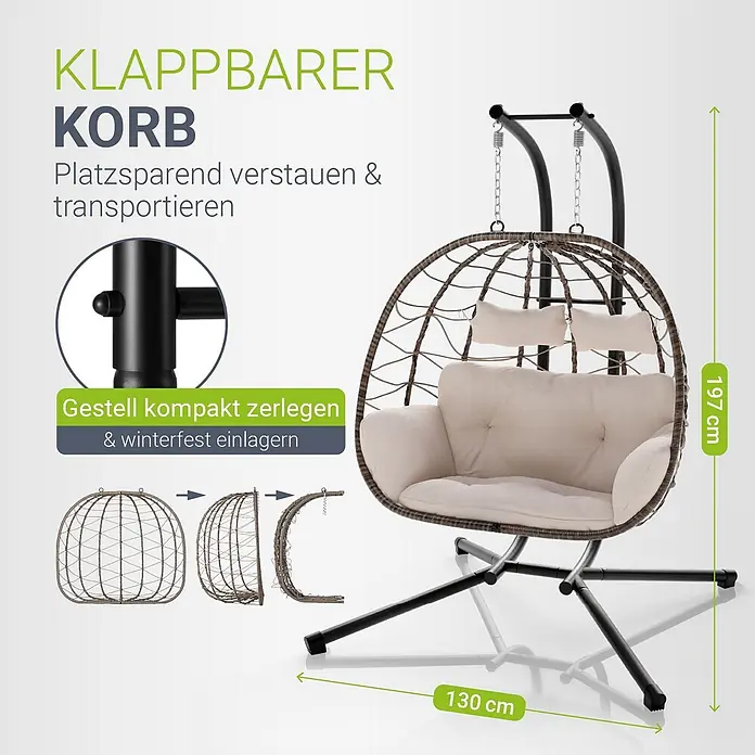 Juskys Hängesessel Aria - L x B x H: 127 x 130 x 197 cm, Kunststoff, natur - Klappbarer Hängesessel mit braunem Korbsitz, schwarzem Gestell und beigen Kissen. Platzsparend verstaubar, 197x130 cm.