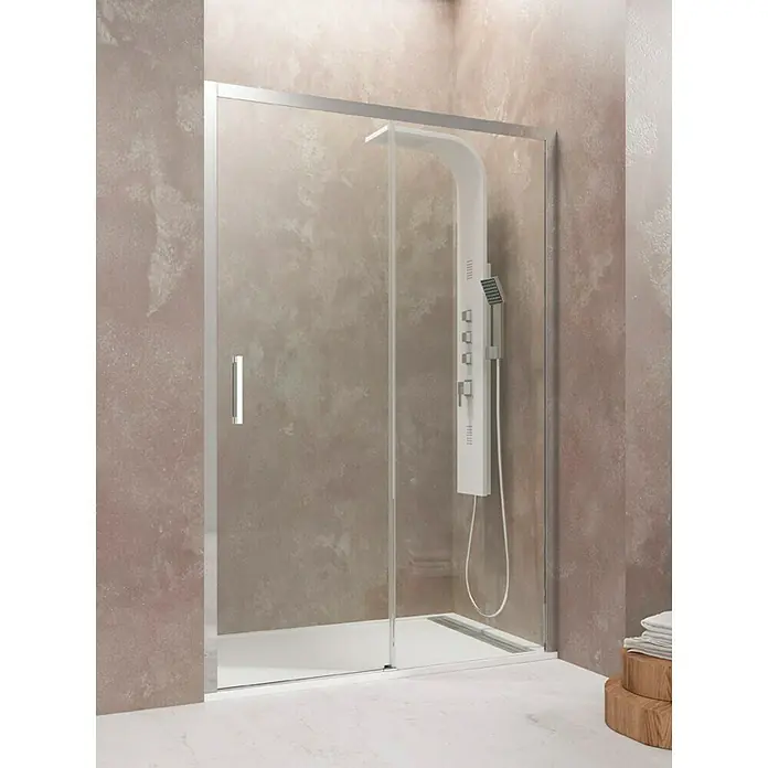 GME Mampara de ducha frontal Aktual - 100 x 195 cm, Vidrio transparente, Plata brillo - La mampara de ducha impresiona con su diseño elegante y una moderna columna de ducha que mejora la experiencia de la ducha.