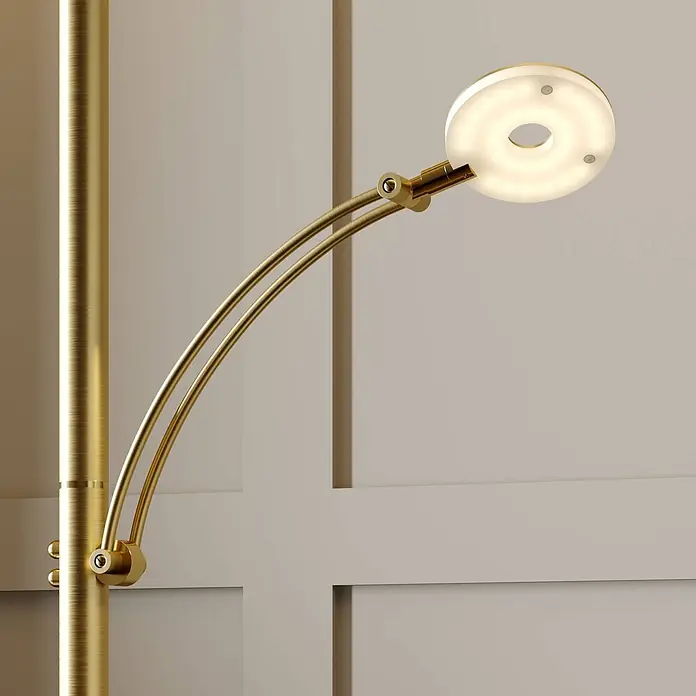 Lucande LED-Deckenfluter Anniki - Höhe: 180 cm, messing / gold, messing / gold, Warmweiß - Goldene Messinglampe mit verstellbarem, gebogenem Arm und rundem, leuchtendem Kopf.